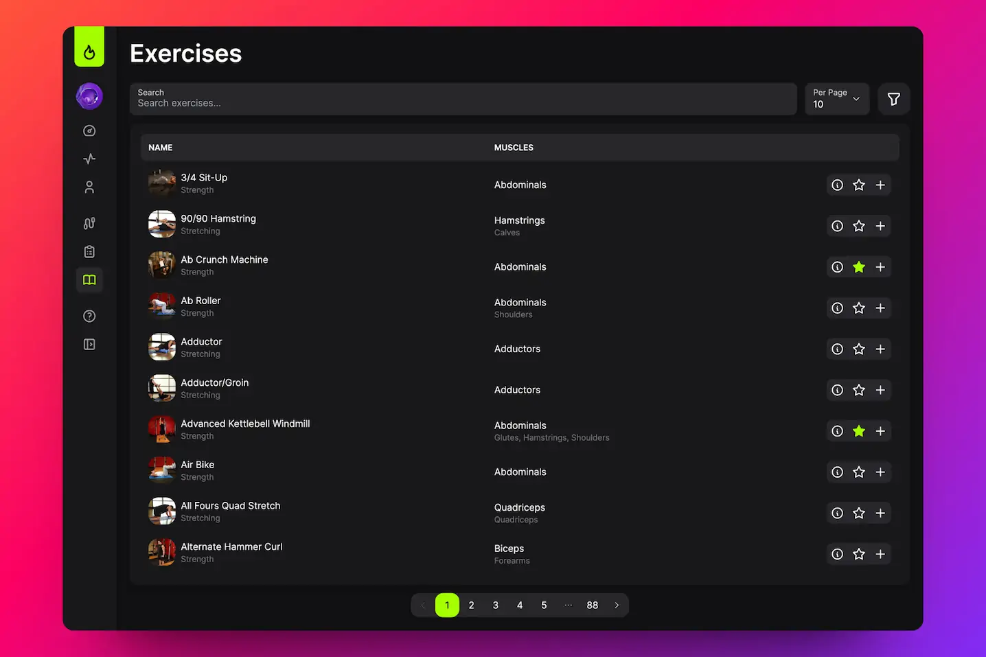 Screenshot of exercises page